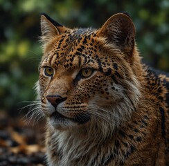 Obraz premium A wildcat leopard looking to the side in a close-up shot.