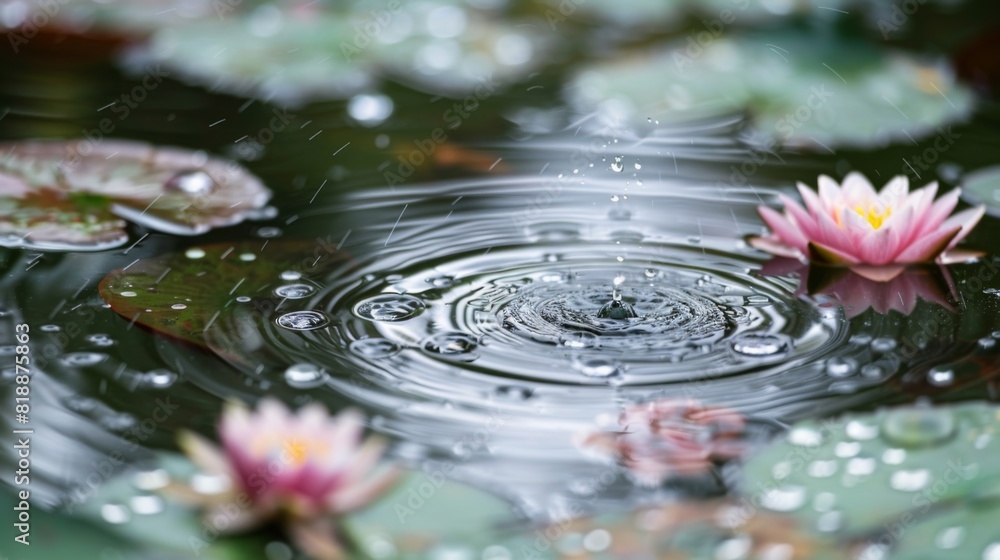 Poster macro shot of raindrops creating patterns on the surface of a pond dotted with lotus flowers