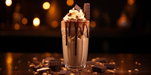  A deliciously rich chocolate, caramel, and peanut smoothie, with intricate textures and captured...