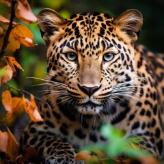 Obraz premium Leopard in Autumn Foliage Close-Up