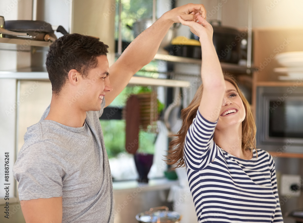 Canvas Prints Home, couple and motion with dance, smile and break together with happiness and love. Kitchen, play and man with woman, relationship and romance for bonding and marriage support for affection