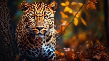 Close-up of a majestic leopard in an autumn forest, with beautiful, vibrant foliage in the background, capturing the essence of wildlife photography.