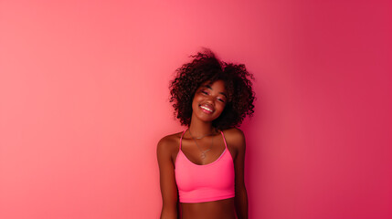 portrait smiling of a woman on pink background , fashion clothing concept