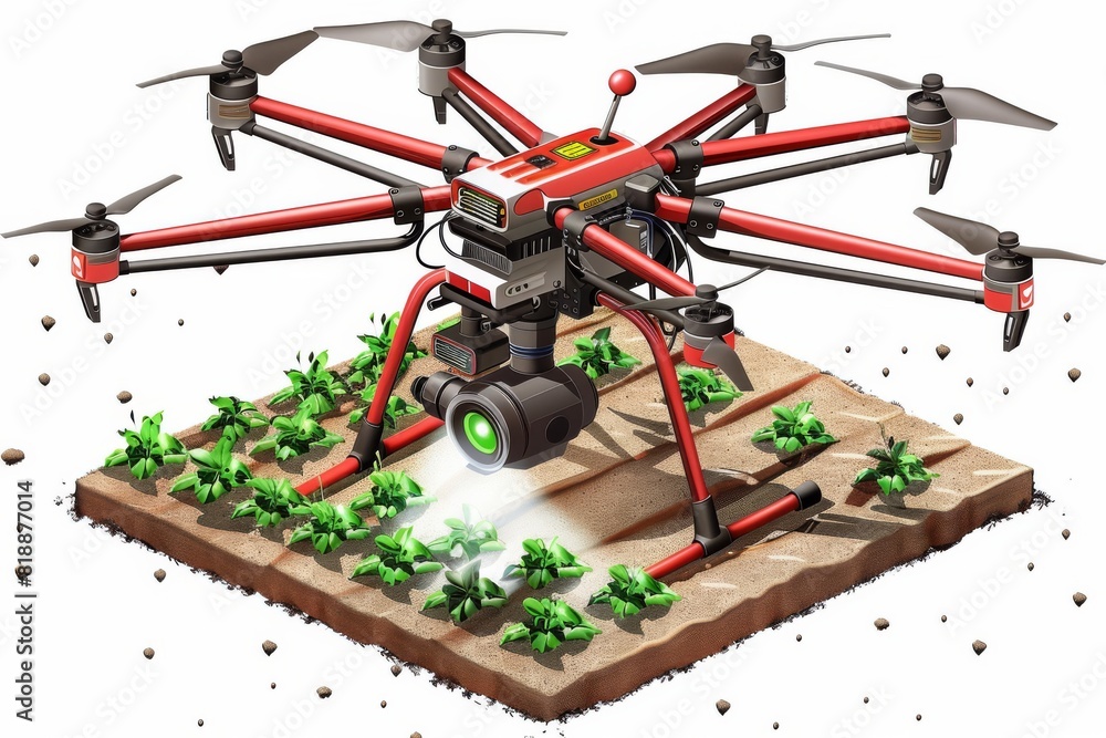 Poster drone crop management in small-scale farm layout with stock photo sensor for cultivation and drone s