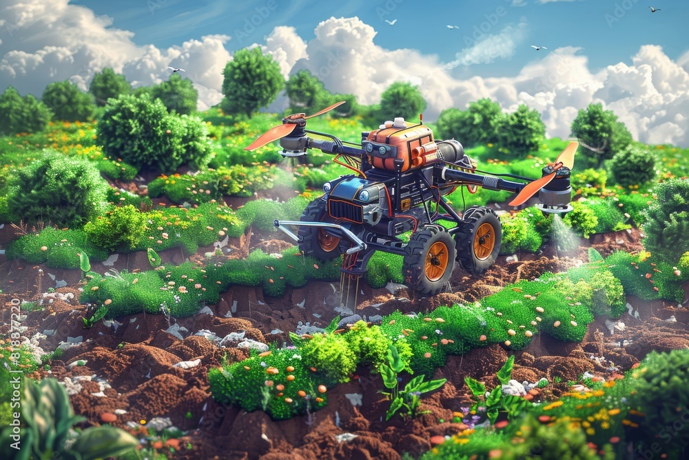 Poster smart farming with drone crop management in small-scale farm layout using stock photo sensor and cul