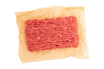 raw fresh minced meat on parchment paper isolated, raw beef mince top view, meat of pork or chicken ready to cook lasagna or meatballs