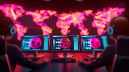 Cybersecurity analysts monitor global cyber threats on multiple computer screens with a vibrant world map. Modern cyber warfare and data protection.
