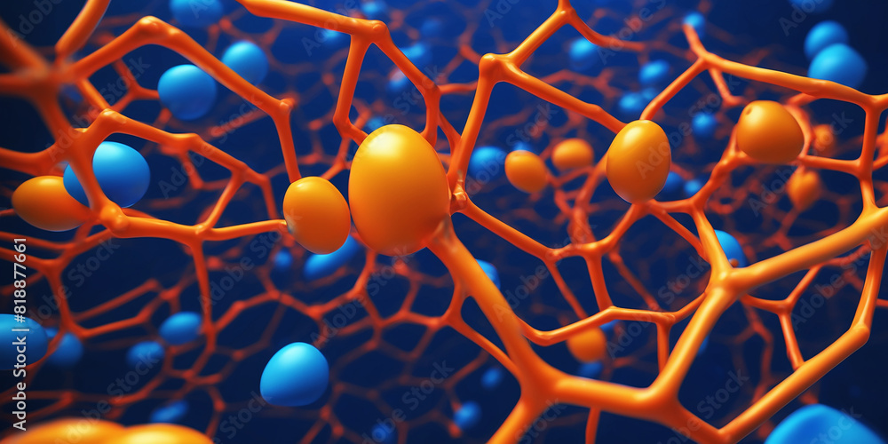 Poster abstract blue and orange tech bubbles with tech network connection concept