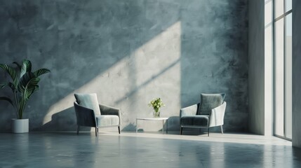 Bright room interior with armchairs and interior table, against empty gray walls and concrete floor.
