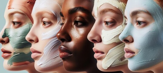 Obraz premium Skincare Masks Variety on Diverse Women's Faces for Beauty and Wellness Promotion