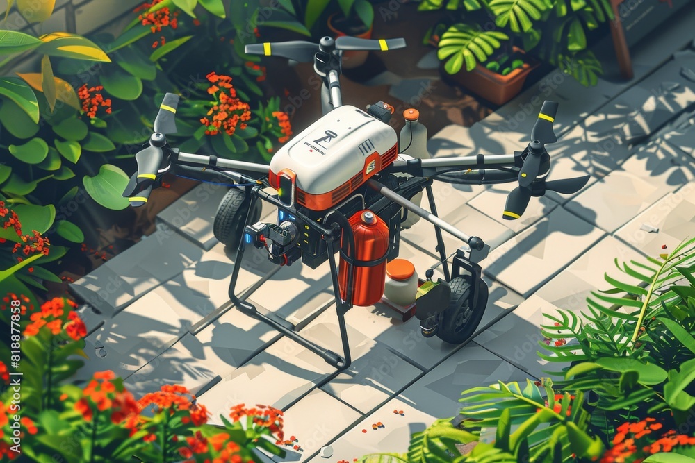 Poster drone crop management in small-scale farm layout with stock photo sensor for cultivation and drone s