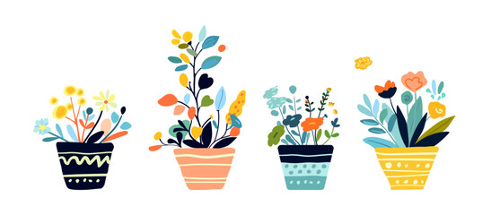 Fototapeta premium Whimsical Potted Plants and Flowers Vector Illustration