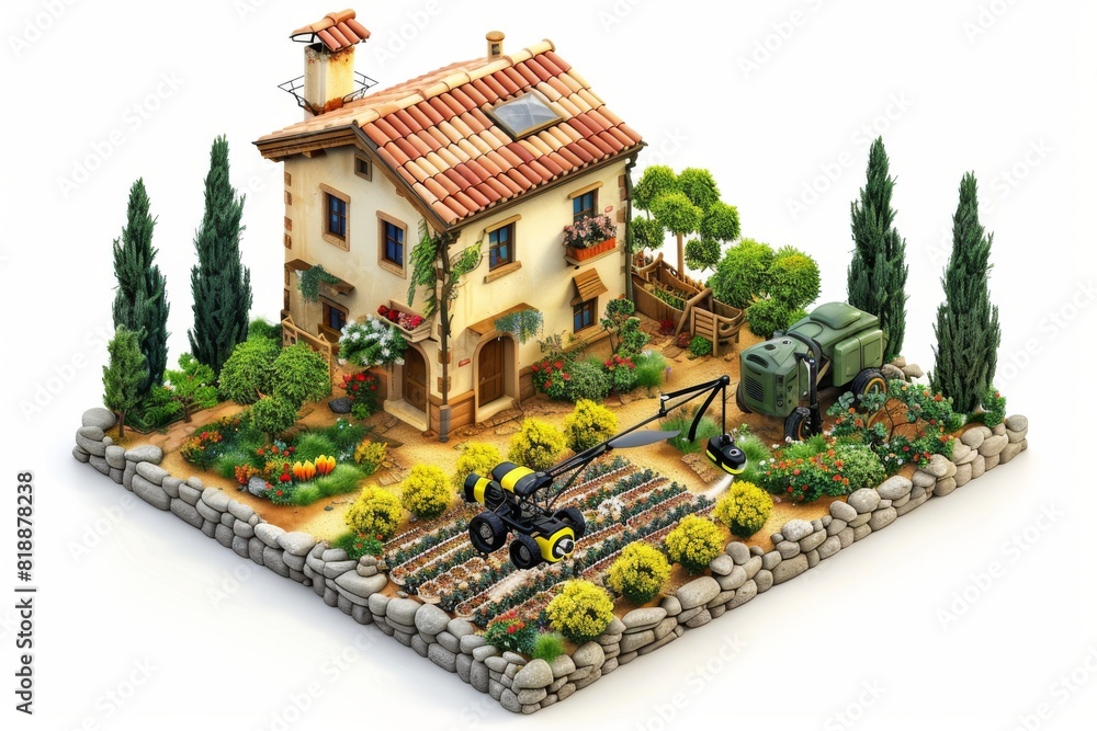 Poster drone crop management in small-scale farm layout with stock photo sensor for cultivation and drone s