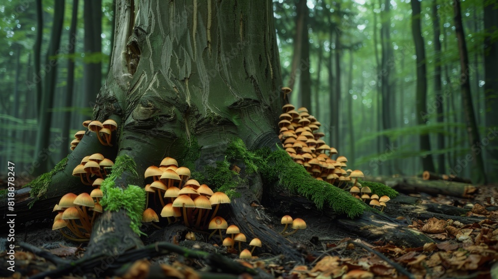 Aufkleber Mushrooms sprouting from the damp soil around the base of a towering tree