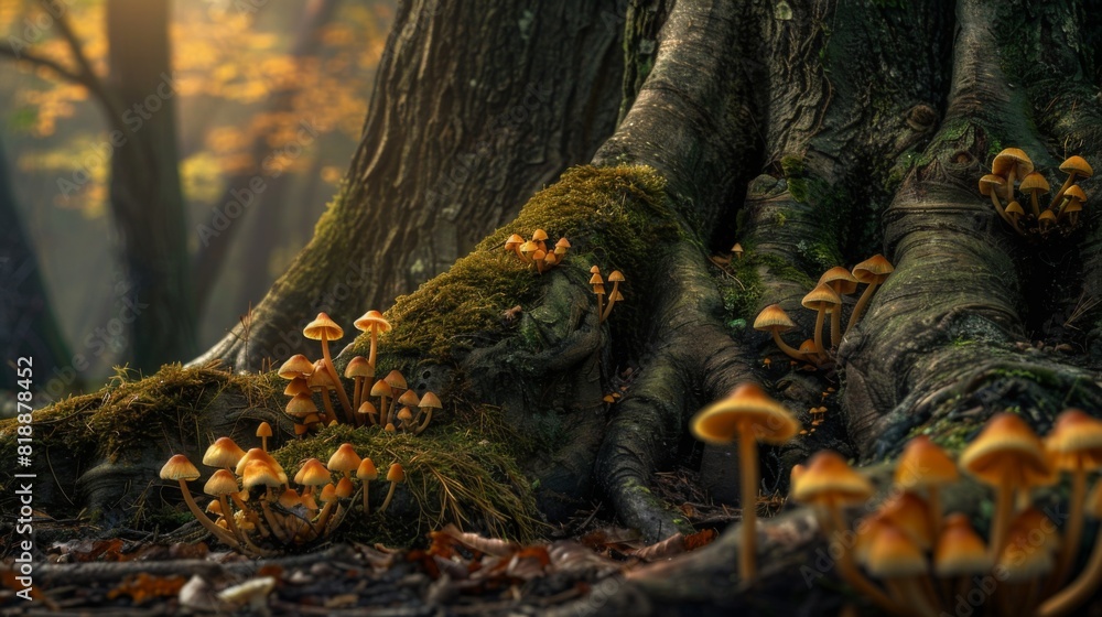 Aufkleber mushrooms sprouting from the rich soil around the roots of an ancient tree