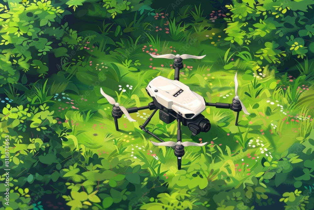 Poster stock photo sensor for cultivation and drone spraying tools in smart farming with drone crop managem