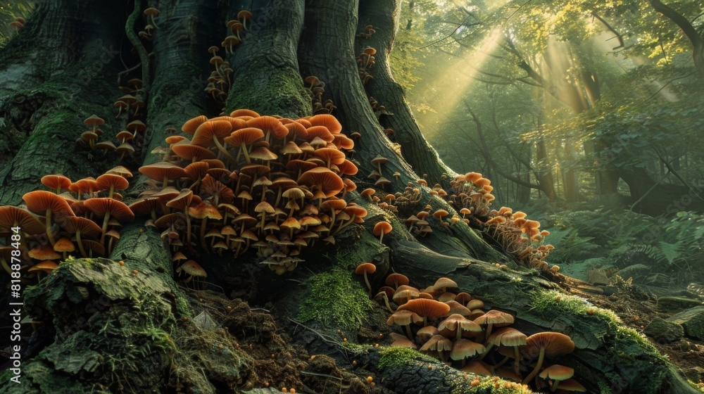 Poster mushrooms sprouting from the rich soil around the roots of an ancient tree