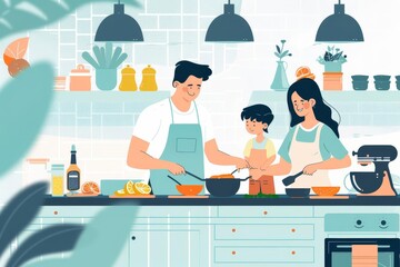 happy family cooking together in kitchen cozy lifestyle illustration