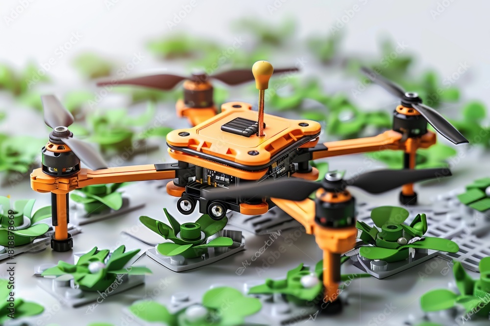 Poster drone crop management in small-scale farm layout with stock photo sensor for cultivation and drone s