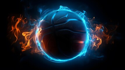 Black basketball with blue glowing neon lines. Generative AI.
