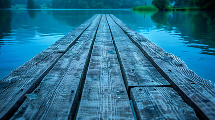 Blue wooden pier on lake background