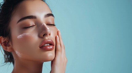 Minimalist Skincare Banner with Dewy Skin Woman Applying Hydrating Serum on Clean Light Blue Background