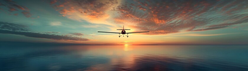 Fototapeta na wymiar Glider Airplane Soaring Silently Over Tranquil Ocean at Breathtaking Sunrise