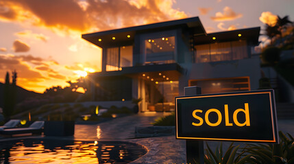 Modern Luxury House: Sold Sign Illuminated by Sunset, real estate mortgage business