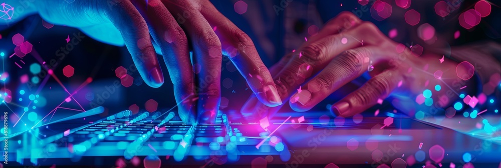 Poster close-up of a persons hands typing on a laptop, working on social media marketing icons for internet