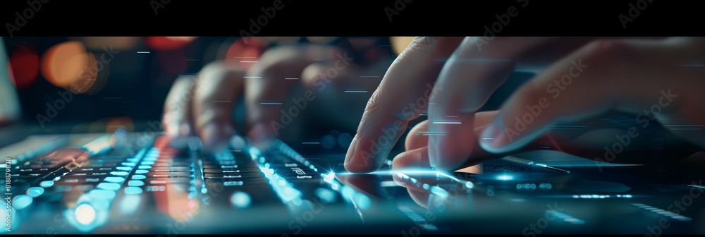 Poster close-up of a persons hands typing on a laptop, focusing on social media marketing for internet tech