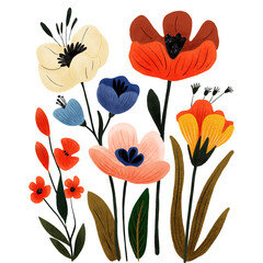 Water color of Wild flowers set isolated on a white background.