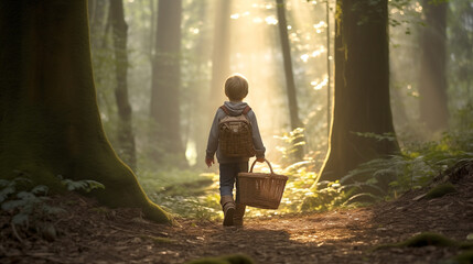 Toddler boy, child walking through a fabulous sunny dense forest with a basket, rear view.