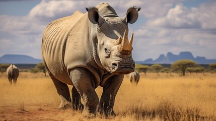Fototapeta premium Close-up of a majestic white rhinoceros in an African savanna, showcasing its powerful build and natural habitat.