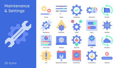 Set of Maintenance and Setting Icon in Flat Style Contain Such as Option, Configuration, Testing and More.