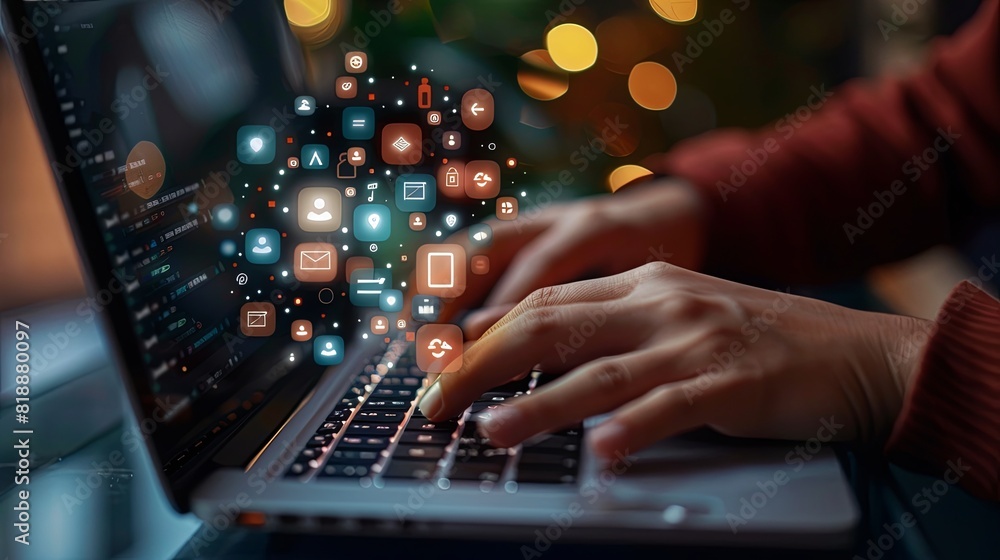 Aufkleber close-up of a mans hands typing on a laptop trackpad, working on social media marketing icons for in