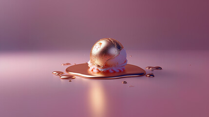 Melting golden ball of ice cream,  minimal summer concept with copy space