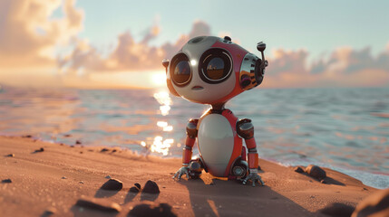Cute robot character with big eyes on the beach, summer minimal concept