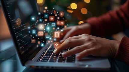 Close-up of a mans hands typing on a laptop trackpad, working on social media marketing icons for internet networking technology and business purposes. Generative AI