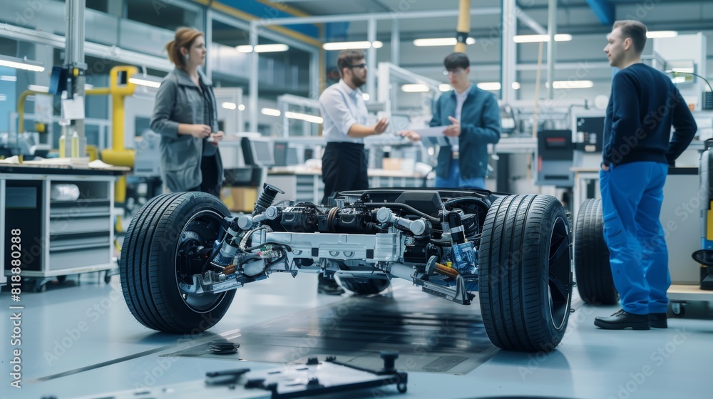 Poster team of engineers analyzing hybrid car engine prototype in modern workshop for automotive innovation
