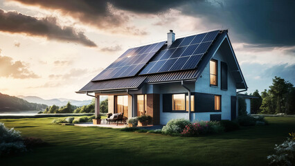 Beautiful expensive home powered by solar panels installed on rooftop natural environment green energy alternative electricity clean energy peaceful environement 