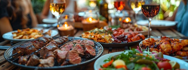 Joyful Summertime Outdoor Picnic with Delicious Grilled BBQ, Fresh Salads, and Crisp Chilled Wine....