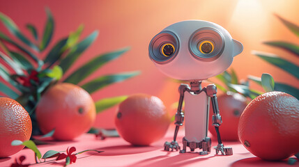 Cute robot character with big eyes, summer fruit, minimal concept