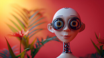 Cute robot character with big eyes, palm leaves, minimal summer concept