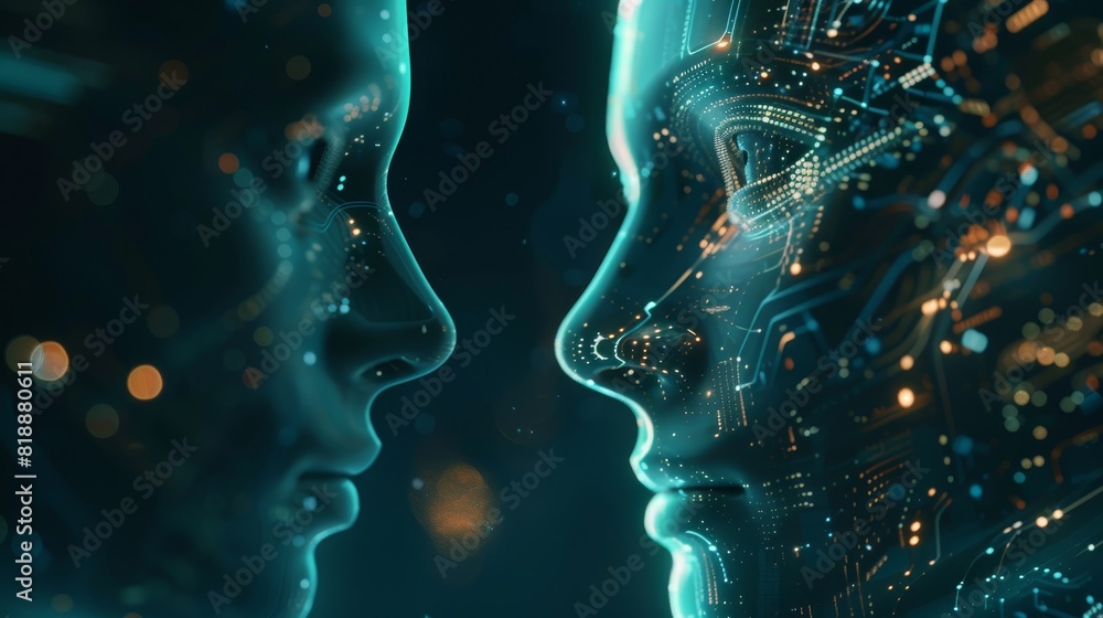 Poster two profiles facing each other, with the left side depicting a human profile and the right side show