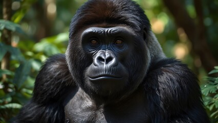 Fototapeta premium Guardian of the Forest: The Intense Eyes of the Silverback Gorilla