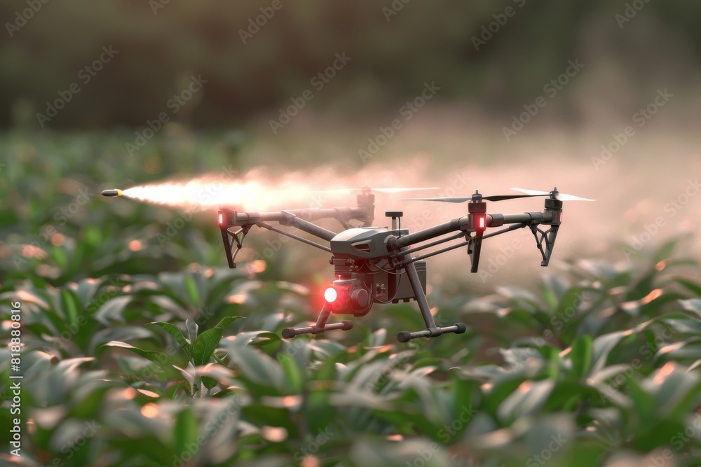 Poster stock photo sensor for cultivation and drone spraying tools in smart farming with drone crop managem