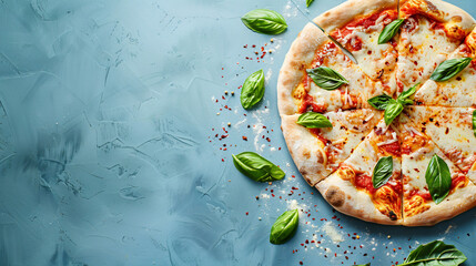 Board of tasty pizza with parmesan cheese and basil 