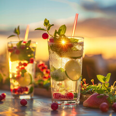 
Under the balmy sun, a frosty glass brimming with the vibrant hues of a Mojito cocktail rests gently on warm sands, its mint leaves delicately garnishing the rim. 