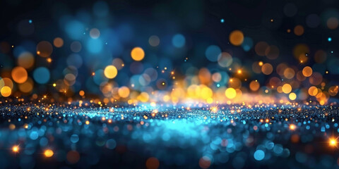 abstract blue gold glitter light particles bokeh background,abstract background with blue  and gold  bokeh lights and particles on black background , a gold and blue  background with lights, banner