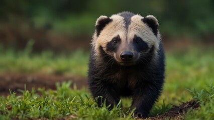 Obraz premium Woodland Whimsy: A Raccoon's Playful Promenade in Autumn
